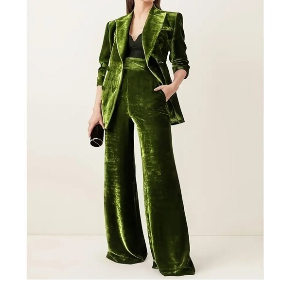 Green Velvet Blazer Jacket And Hi Waist Wide Leg Pants - 2pc set - Picture 2 of 5